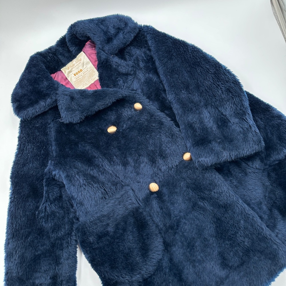 Vintage 60s White Stag Borg Faux Fur Coat XS/S Navy Jackie O Mid Century Teddy